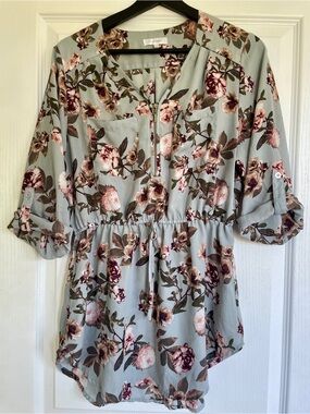 Stella Tweed Floral Drawstring Tunic in Blue with pink flowers